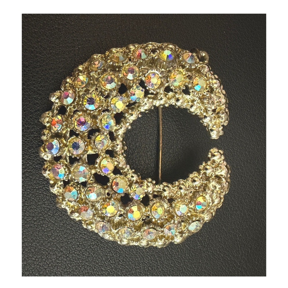Vintage Crescent Moon Brooch Celestial Pin Aurora Borealis Rhinestone Gold Tone